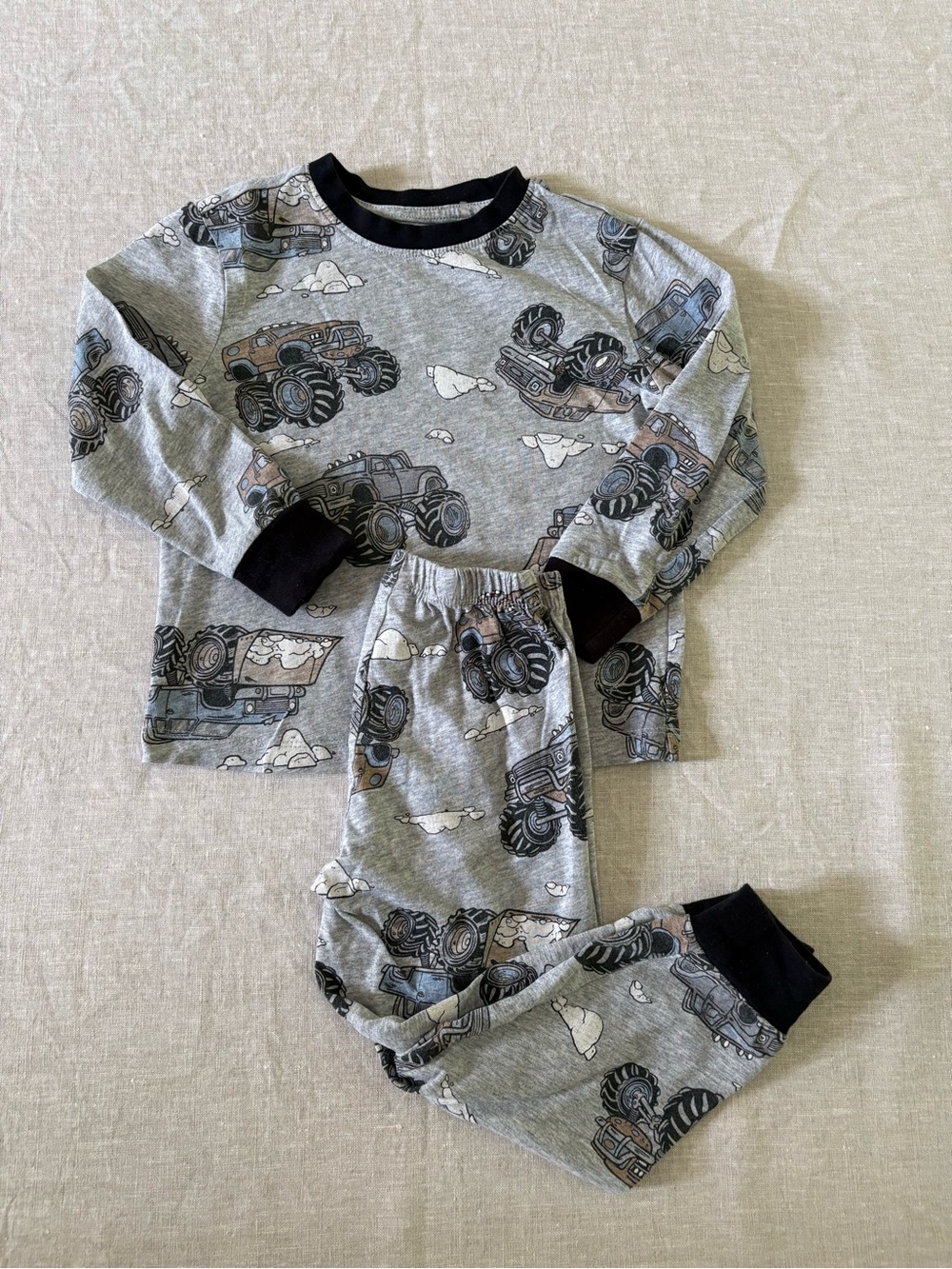 🦖 Toddler Boy Grey Monster Truck Kids Pajama Set with Black Trim